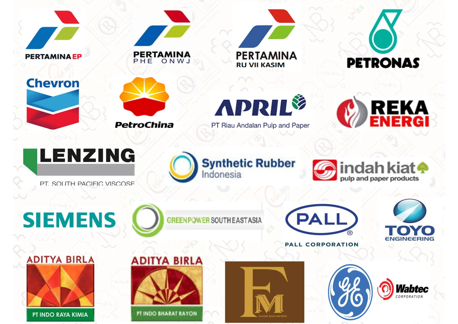 Client logos panel 1 — Pertamina EP, Pertamina PHE, Petronas, Chevron, PetroChina, April Group, Reka Energi, Lenzing, Synthetic Rubber, Indah Kiat, Siemens, GE, Wabtec