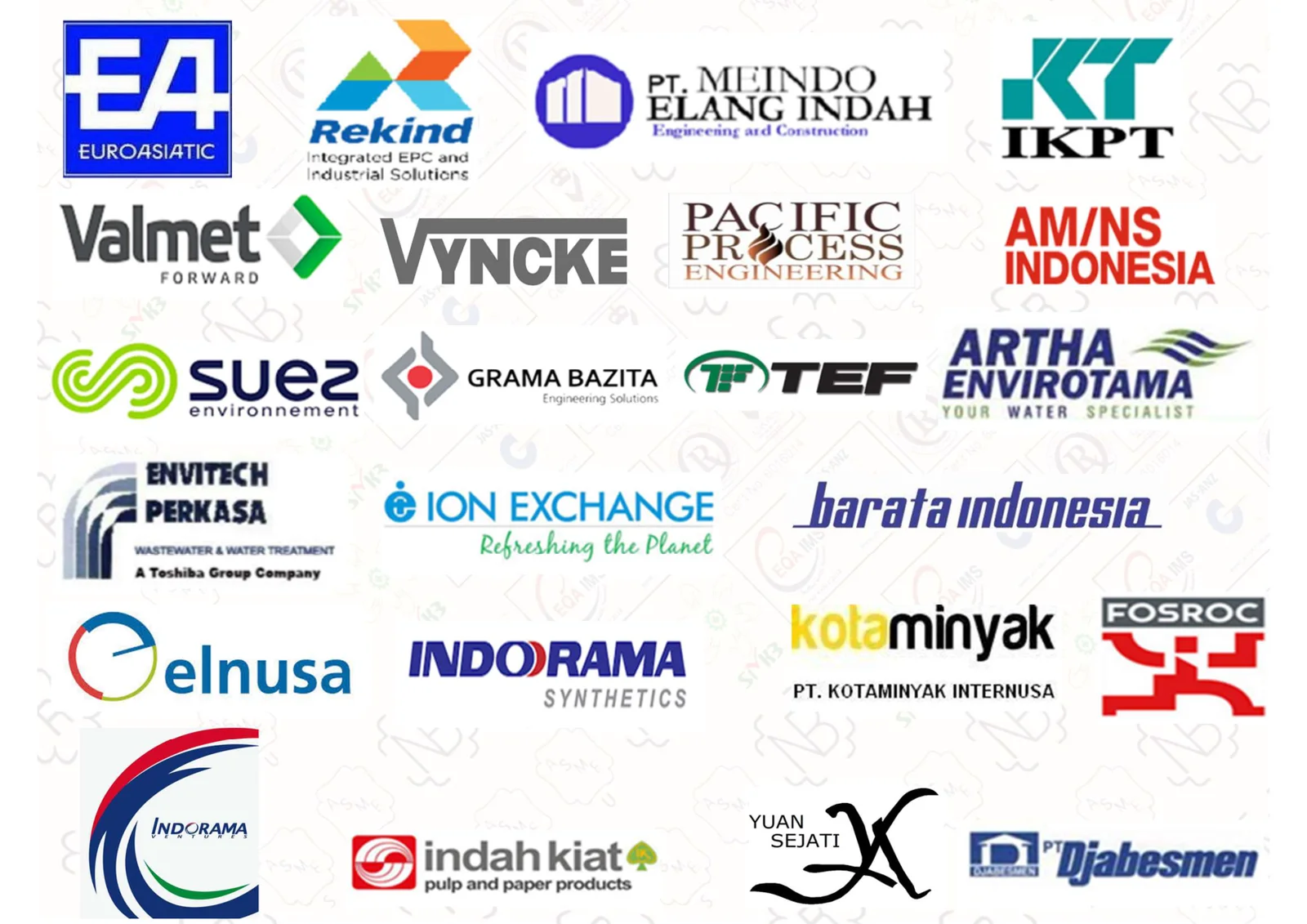 Client logos panel 2 — Euroasiatic, Rekind, PT Meindo, IKPT, Valmet, Vyncke, Pacific Process, AM/NS Indonesia, Suez, Grama Bazita, TEF, Artha Envirotama, Ion Exchange, Barata Indonesia, Elnusa, Indorama