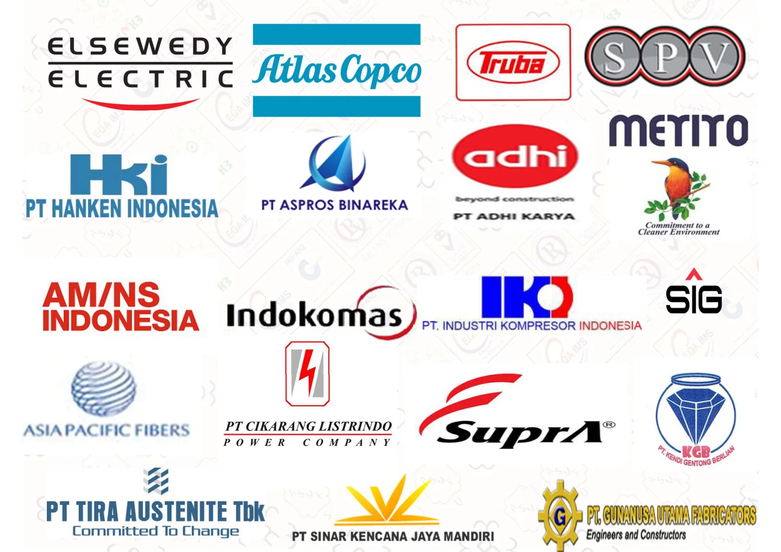 Client logos panel 3 — Elsewedy Electric, Atlas Copco, Truba, SPV, HKI, PT Aspros, Adhi Karya, Merito, AM/NS Indonesia, Indokomas, PT IKI, SIG, Asia Pacific Fibers, PT Cikarang Listrindo, Supra, PT KGB, PT Tira Austenite, Sinar Kencana, Gunanusa