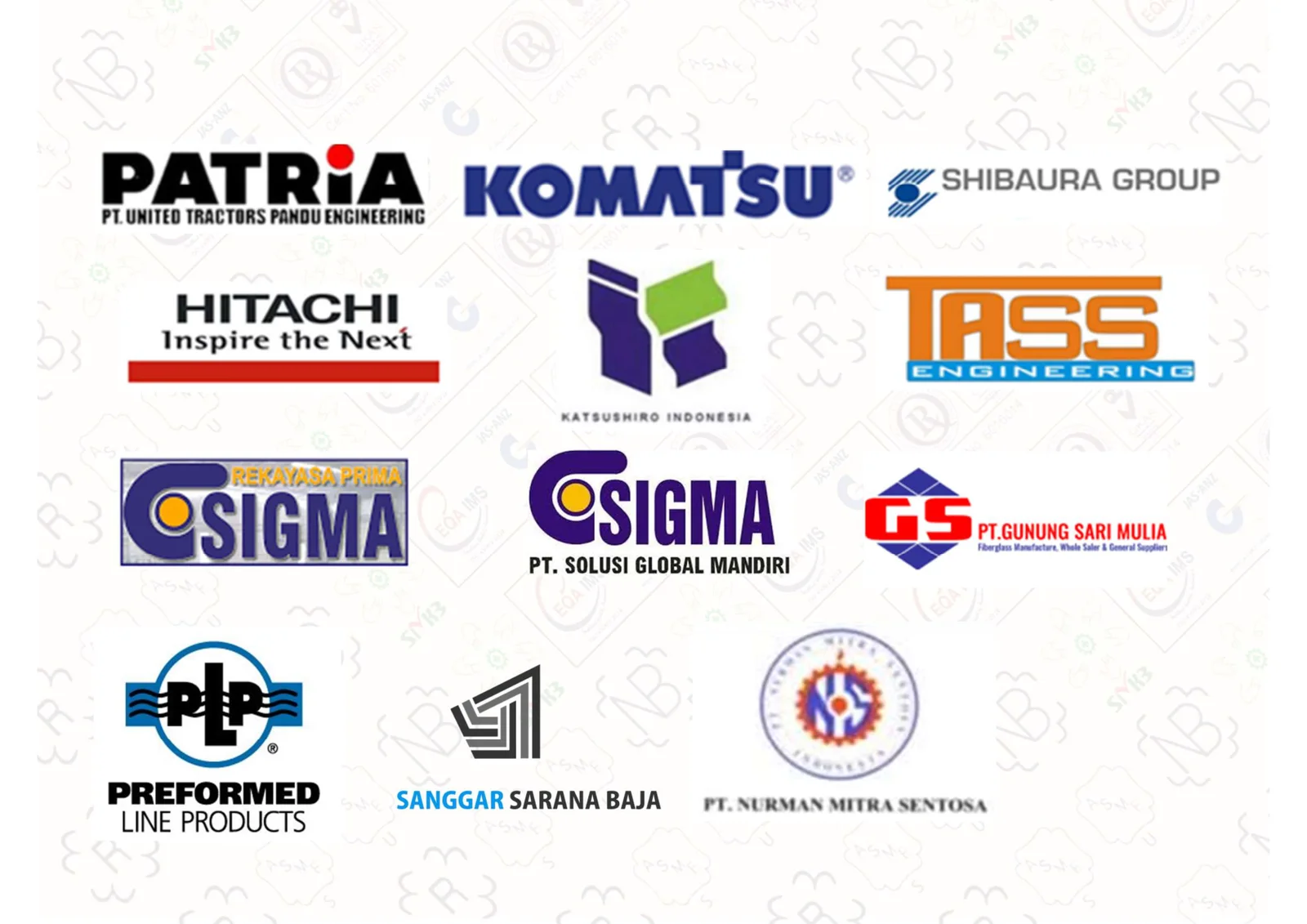 Client logos panel 4 — Patria, Komatsu, Shibaura Group, Hitachi, Katsushiro, TASS Engineering, Rekayasa Prima Sigma, PT Solusi Global, PT Gunung Sari Mulia, PLP, Sanggar Sarana Baja, PT Nurman Mitra Sentosa