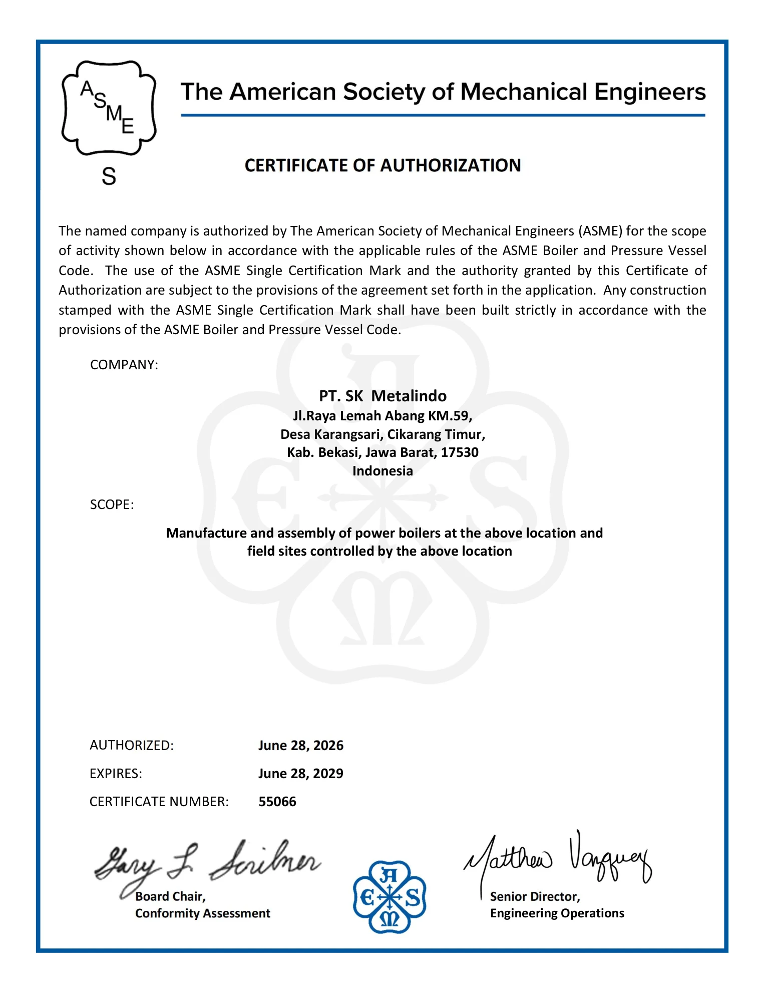 ASME S Stamp Certificate — PT SK Metalindo — Power Boilers