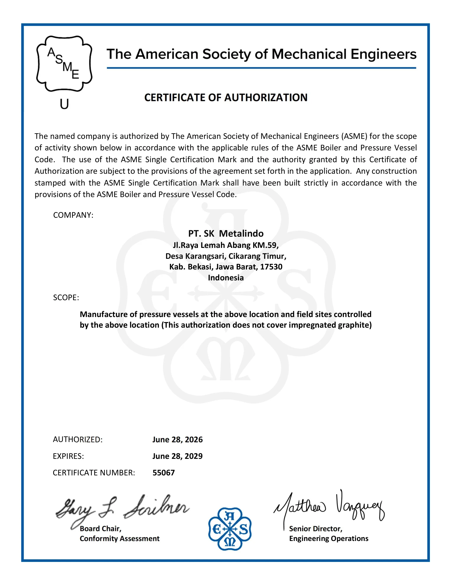 ASME U Stamp Certificate — PT SK Metalindo — Pressure Vessels